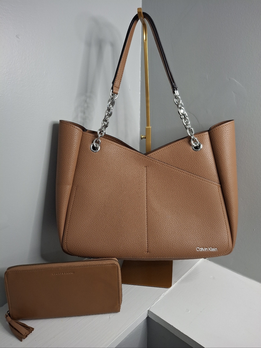 Calvin Klein Tan Leather Tote with Lucky Brand Wallet with Chain-Strap